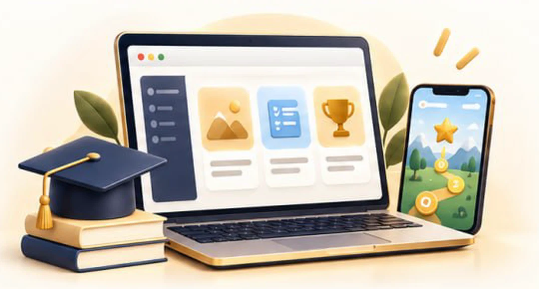 Ноутбук с конструктором приложения, смартфон с игровым маршрутом и академическая шапочка на книгах
