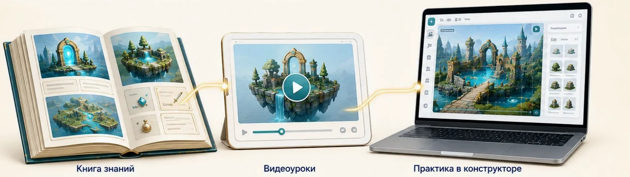 The knowledge book, video lessons on a tablet and hands-on practice in the builder on a laptop