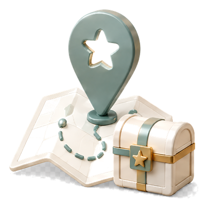 A map with a pin and a reward chest