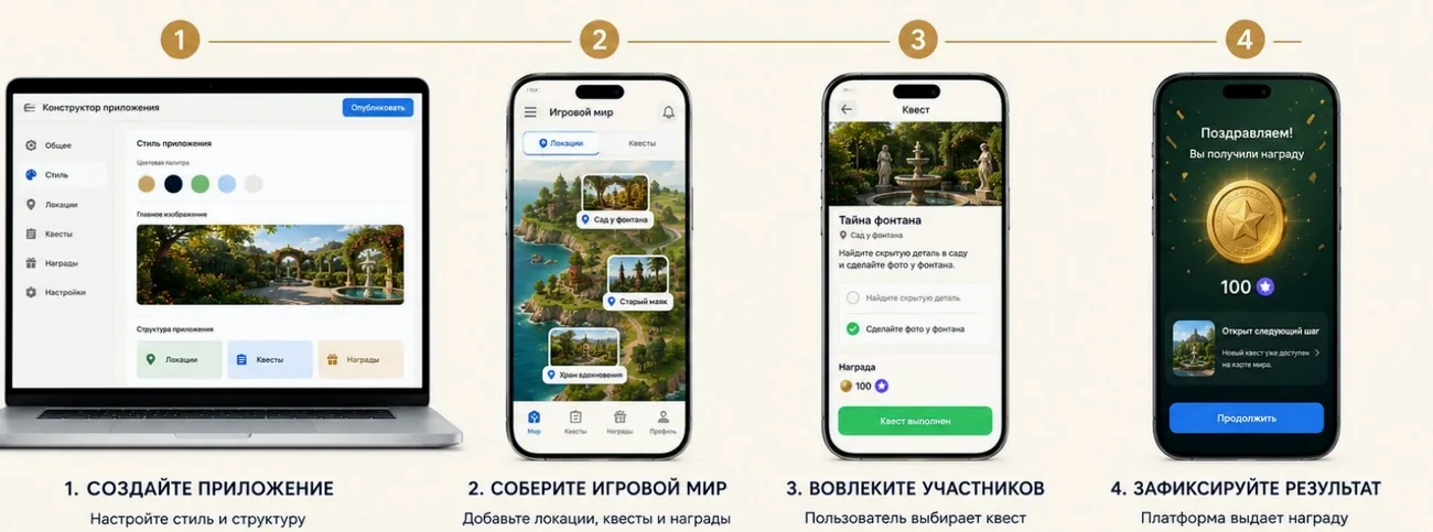 Four steps: the app builder, assembling the game world, a participant completing the quest, handing out the reward