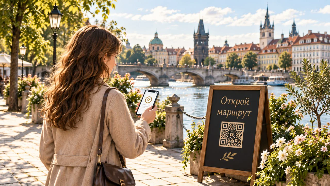 Место: участница сканирует QR-код «Открой маршрут» на набережной