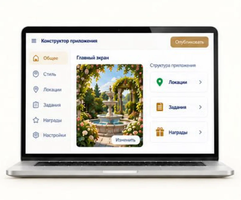 Конструктор приложения на ноутбуке: главный экран, локации, задания и награды
