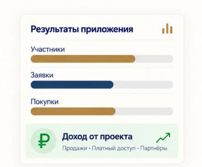Результаты приложения: участники, заявки, покупки и доход от проекта