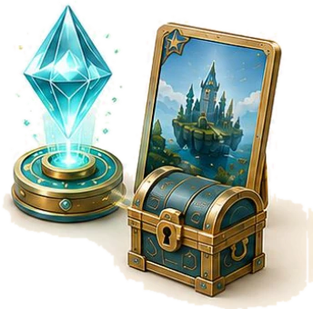 Crystal, chest and a reward card
