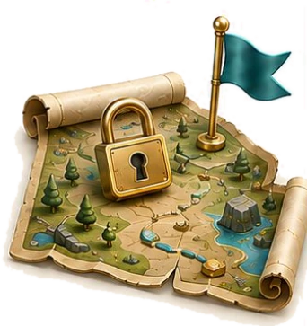 Scroll map with a castle and a flag