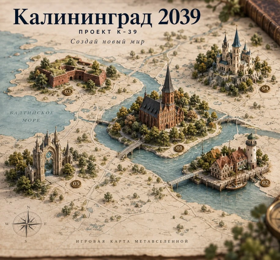 Игровая карта метавселенной «Калининград 2039», проект К-39: Остров Канта, Рыбная деревня, форты и бастионы, Андара — Замок Эфира и Сказочные врата