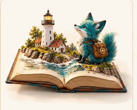 Раскрытая книга, из страниц которой поднимается остров с маяком, рядом сказочный питомец с сумкой